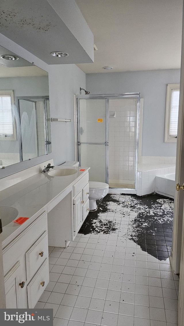 bathroom with a sink, a shower stall, a bath, and double vanity