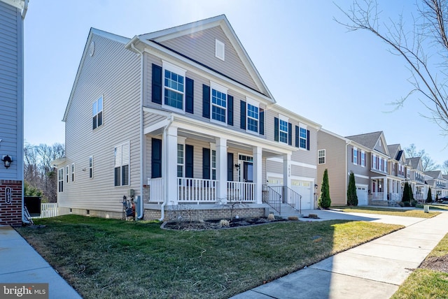 view of front of house featuring a residential view, covered porch, driveway, and a front lawn