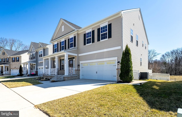 view of front of property with a front lawn, a residential view, covered porch, concrete driveway, and an attached garage