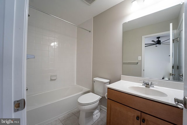 full bath with visible vents, toilet, shower / bathing tub combination, tile patterned floors, and vanity