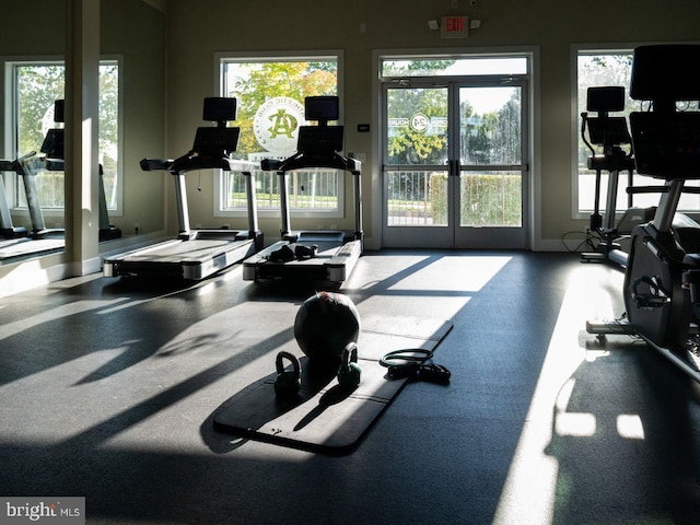 exercise room featuring french doors, a healthy amount of sunlight, and baseboards