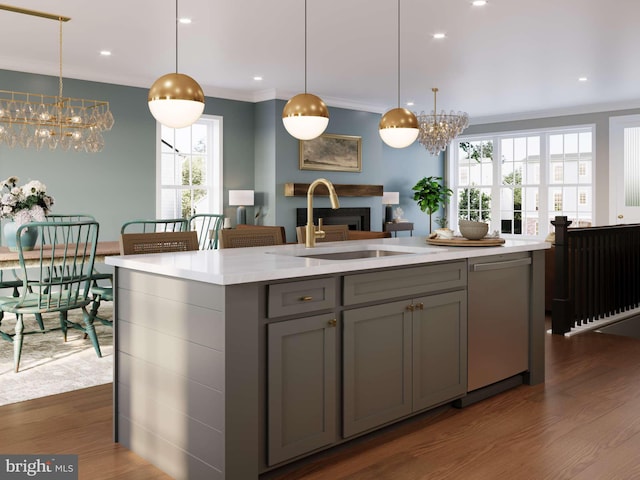 kitchen with dishwashing machine, dark wood-type flooring, gray cabinets, and a sink