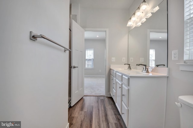 full bath featuring toilet, a sink, wood finished floors, double vanity, and baseboards