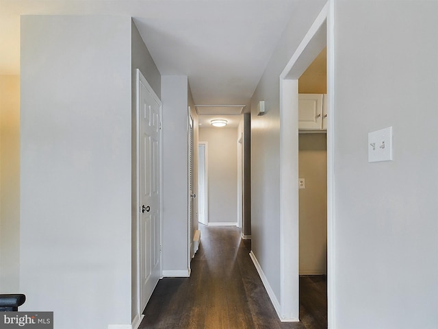 hall featuring dark wood-style flooring and baseboards