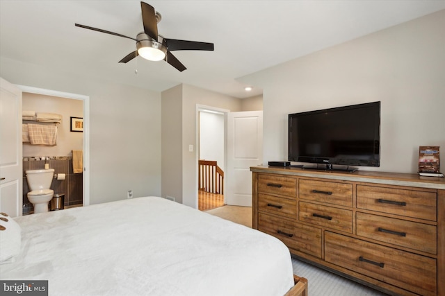 bedroom with ensuite bath, ceiling fan, and recessed lighting