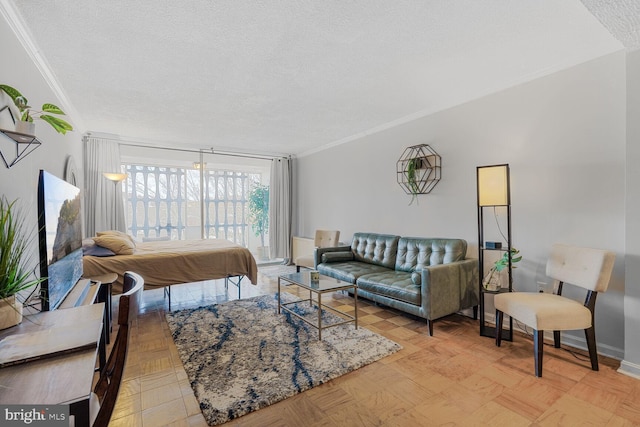 living area featuring a textured ceiling, baseboards, and crown molding