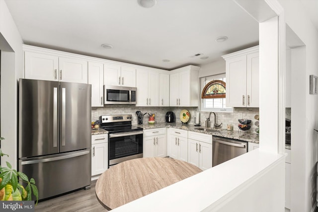 kitchen with decorative backsplash, white cabinets, appliances with stainless steel finishes, and a sink