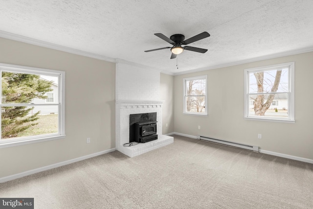 unfurnished living room with a baseboard radiator, crown molding, a textured ceiling, and carpet