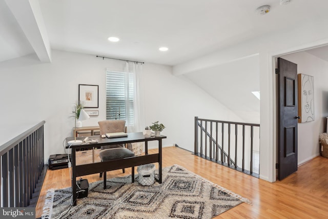 home office with vaulted ceiling with beams, baseboards, light wood-style flooring, and recessed lighting