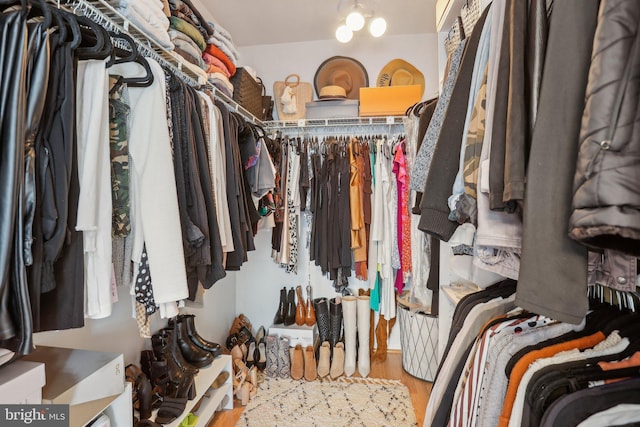 walk in closet with wood finished floors