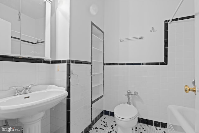 bathroom featuring toilet, walk in shower, tile walls, and tile patterned floors