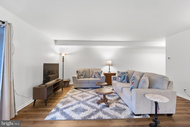 living area with baseboards and wood finished floors