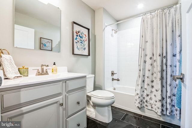 full bathroom with shower / bath combination with curtain, tile patterned flooring, vanity, and toilet