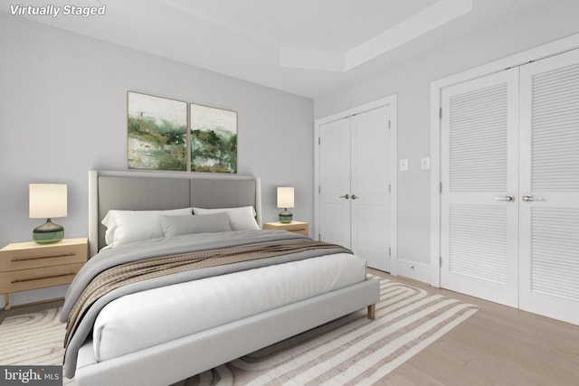 bedroom featuring a raised ceiling, multiple closets, and wood finished floors