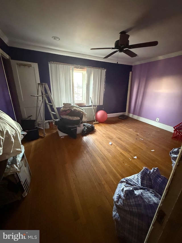 332 Emerson St NW, Washington, DC 20011 - bedroom with baseboards, crown molding, hardwood / wood-style floors, and ceiling fan