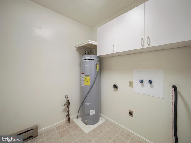 laundry area with hookup for a washing machine, cabinet space, electric dryer hookup, electric water heater, and baseboard heating