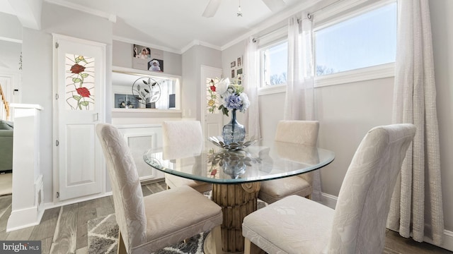 dining room featuring crown molding, visible vents, ceiling fan, wood finished floors, and baseboards