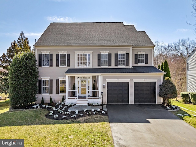 view of front of home featuring aphalt driveway, an attached garage, a shingled roof, and a front yard