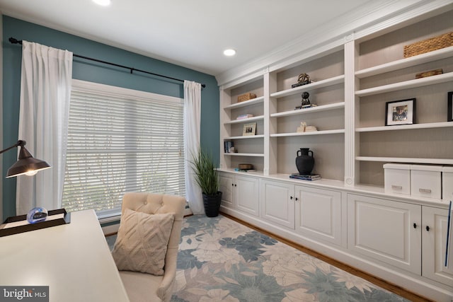 office space with recessed lighting and light wood-type flooring