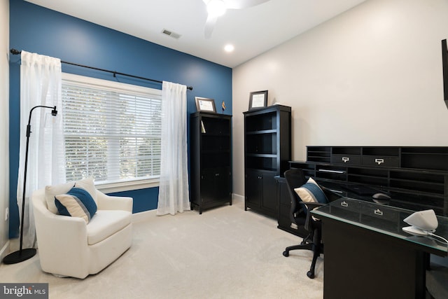 carpeted office featuring recessed lighting, visible vents, baseboards, and a ceiling fan