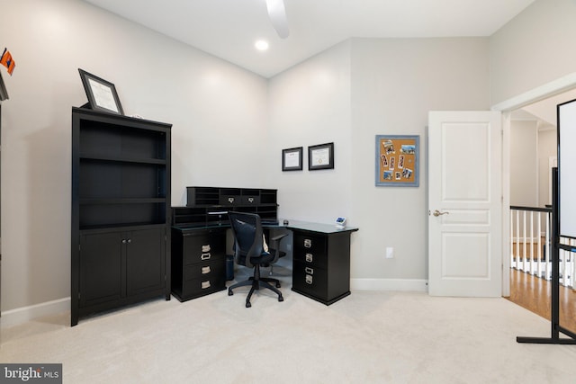 office featuring recessed lighting, baseboards, light colored carpet, and a ceiling fan