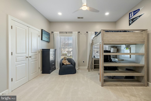 bedroom with recessed lighting, carpet flooring, baseboards, and visible vents