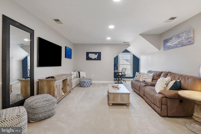 living area featuring light carpet, visible vents, recessed lighting, and baseboards