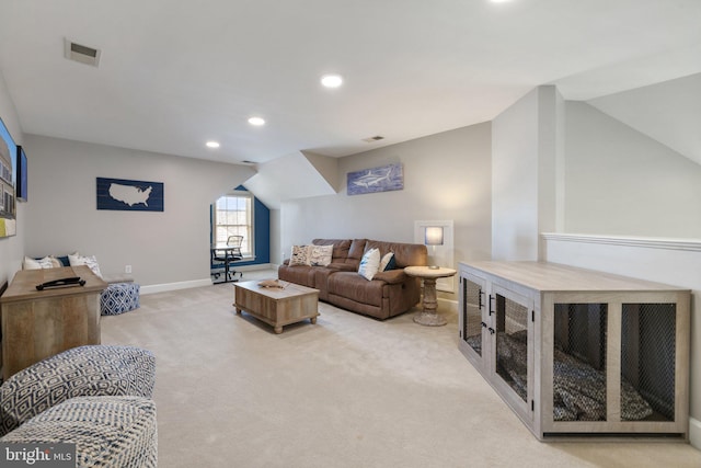 living room featuring recessed lighting, visible vents, light colored carpet, and baseboards