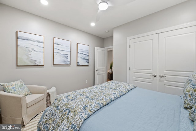 bedroom with recessed lighting, a closet, and ceiling fan