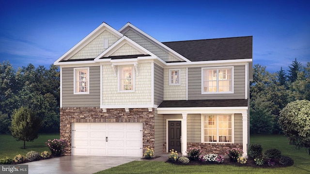 view of front facade with a front yard, stone siding, an attached garage, and concrete driveway