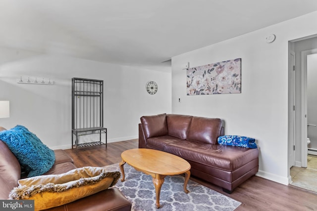 living room with baseboards and wood finished floors