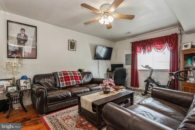 living area with a ceiling fan, electric panel, visible vents, and wood finished floors