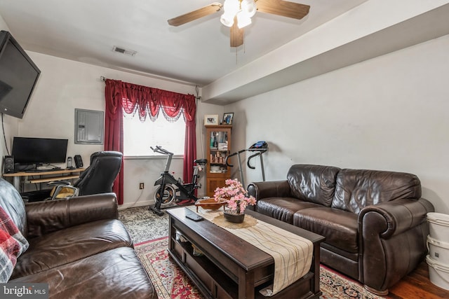 living room featuring ceiling fan, wood finished floors, visible vents, and electric panel