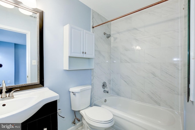 full bath featuring toilet, bathtub / shower combination, baseboards, and vanity