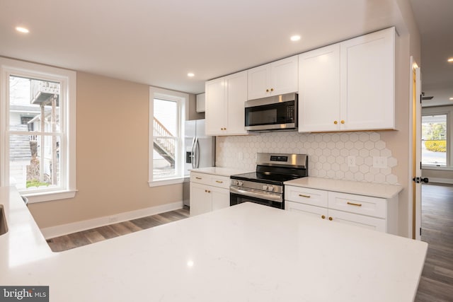 kitchen featuring stainless steel appliances, decorative backsplash, and wood finished floors