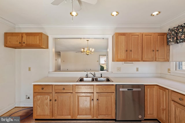 kitchen featuring ornamental molding, ceiling fan with notable chandelier, a sink, stainless steel dishwasher, and light countertops