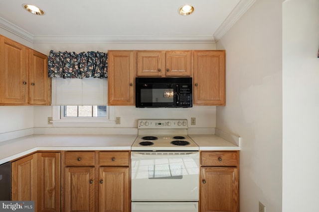 kitchen with light countertops, ornamental molding, black microwave, and white electric range oven