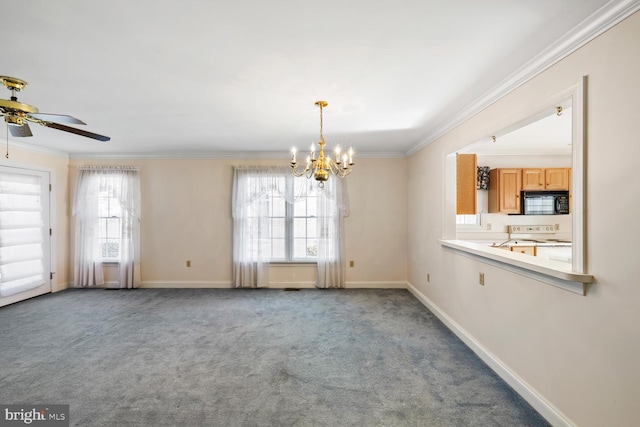 unfurnished dining area featuring baseboards, carpet, and ornamental molding