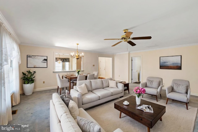 carpeted living area with ceiling fan with notable chandelier, baseboards, and ornamental molding