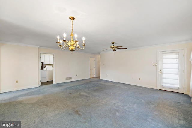 interior space with visible vents, washer and dryer, baseboards, and ornamental molding