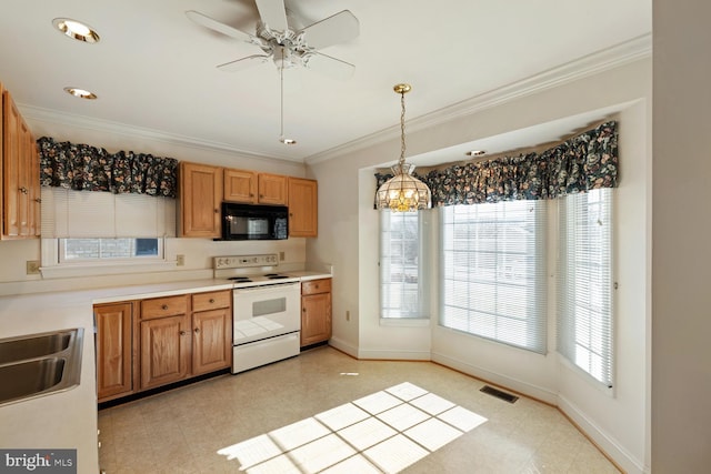 kitchen featuring visible vents, ornamental molding, white electric range, a sink, and black microwave