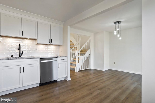 kitchen with decorative backsplash, dishwasher, dark wood-type flooring, and a sink