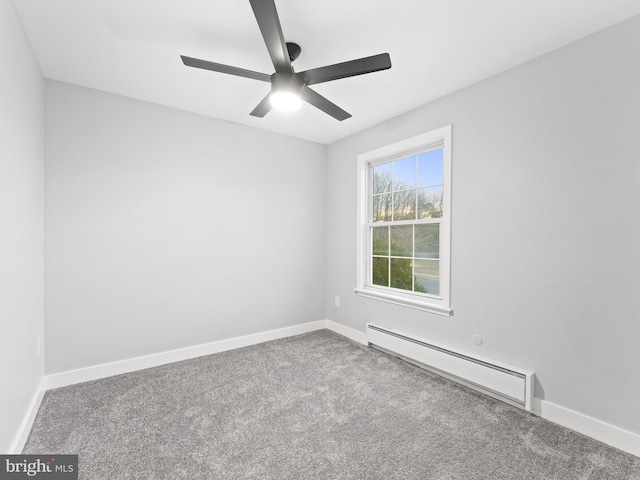 carpeted empty room featuring baseboards, baseboard heating, and a ceiling fan