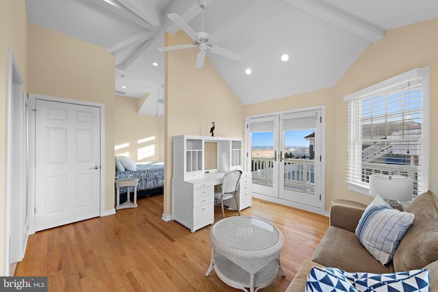 home office featuring beamed ceiling, recessed lighting, a ceiling fan, and light wood-style floors