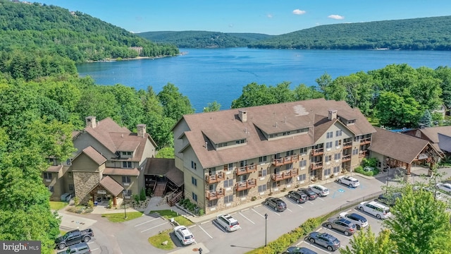 birds eye view of property with a water view and a forest view