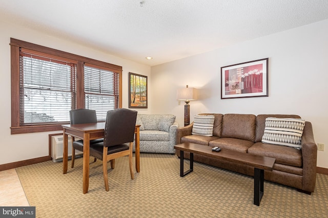 living area with baseboards, a textured ceiling, and recessed lighting