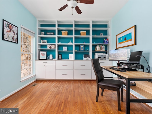 office area with baseboards, built in shelves, light wood-style floors, visible vents, and a ceiling fan