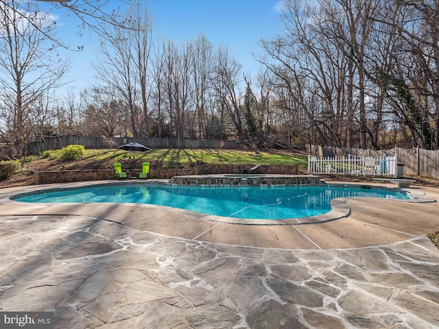 view of pool featuring a fenced backyard, a diving board, a patio, and a fenced in pool