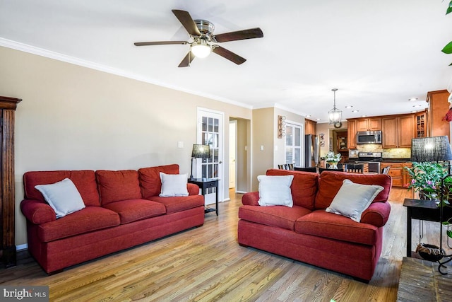 living area featuring a ceiling fan, wood finished floors, and ornamental molding