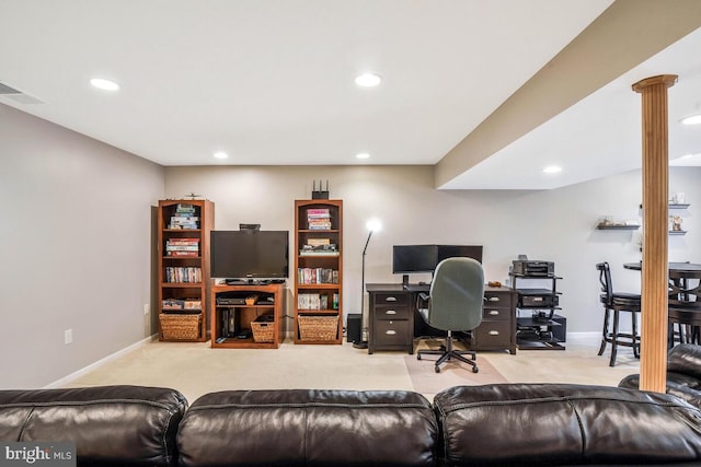 carpeted office space with recessed lighting, visible vents, ornate columns, and baseboards